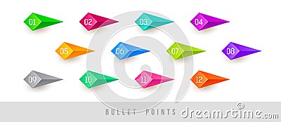 Colorful bullet points - numbered from one to twelve. Vector Illustration